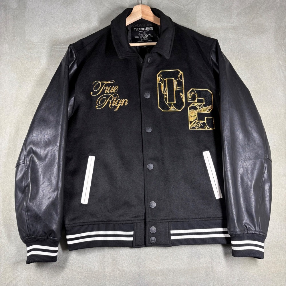 True Religion Mens Varsity Jacket Black Gold Wool Blend Letterman Large L